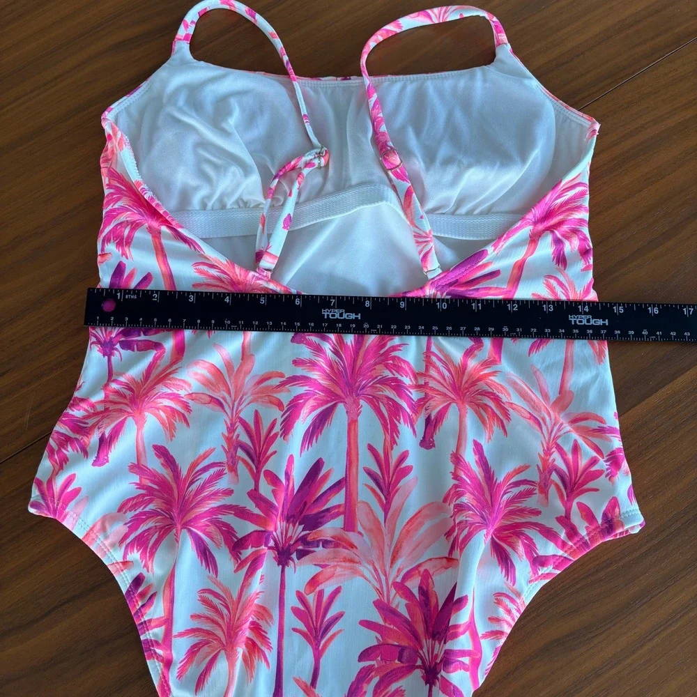 Shade & Shore One Piece Swimsuit L Pink Purple Palm Tree Beachy Tropical Whimsy